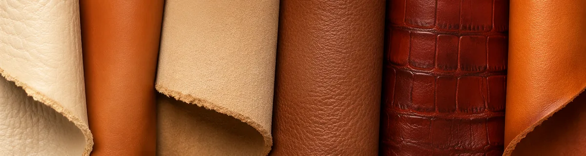 Finished leather panels in cream, tan and brown after beamhouse processing