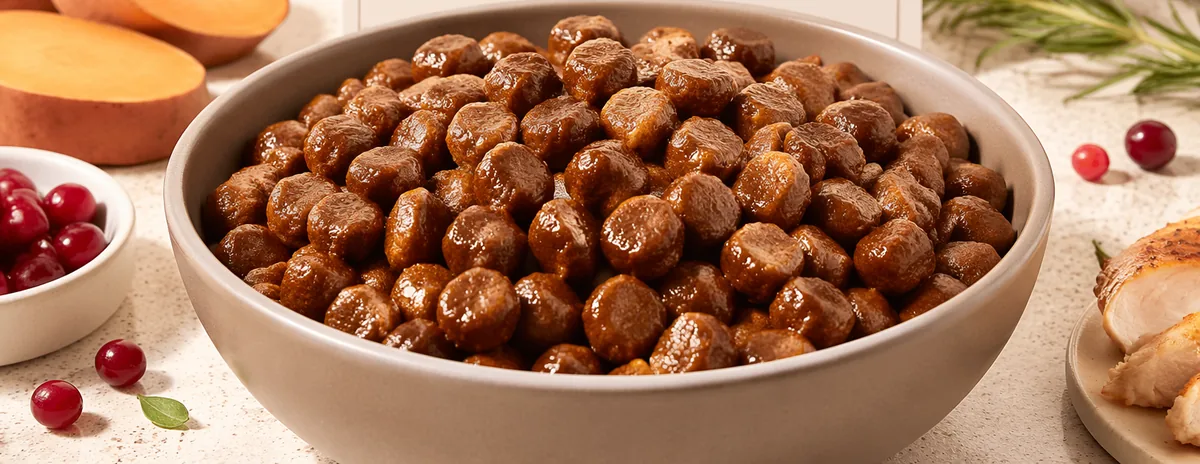 Bowl of coated pet food kibble next to sweet potato and cooked chicken